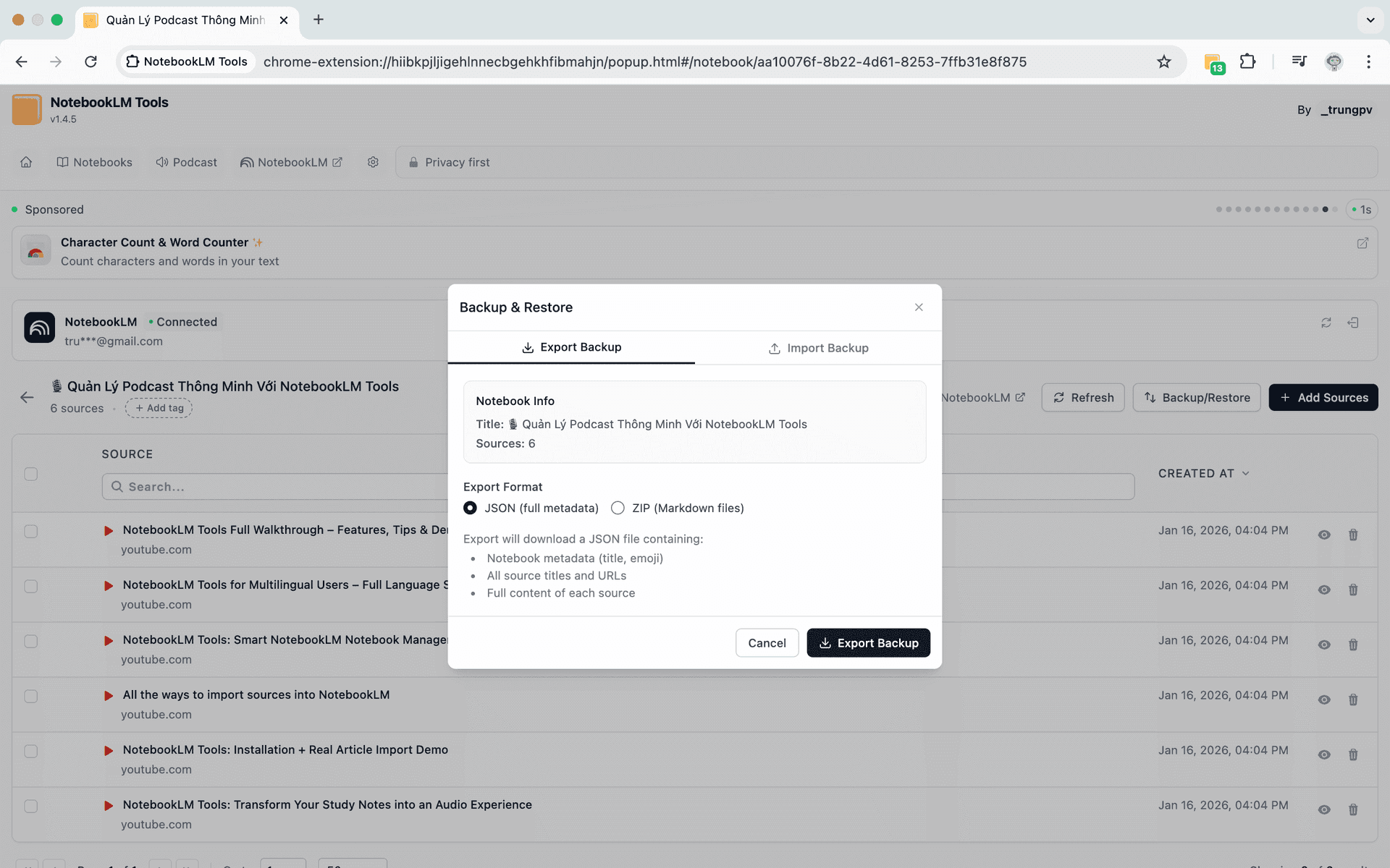 NotebookLM Tools export interface for sharing notes, links, and citations