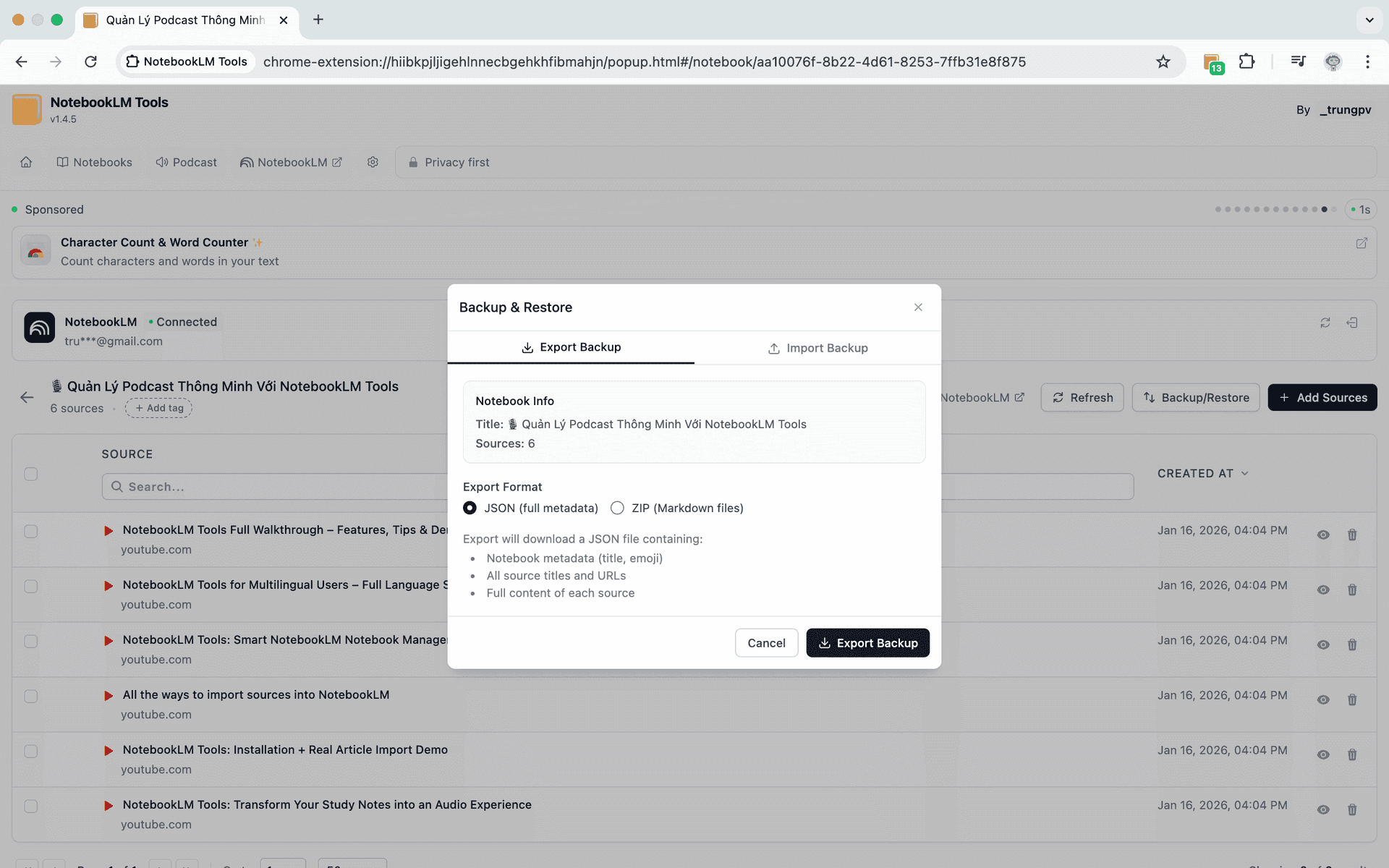 NotebookLM Tools export interface for sharing notes, links, and citations