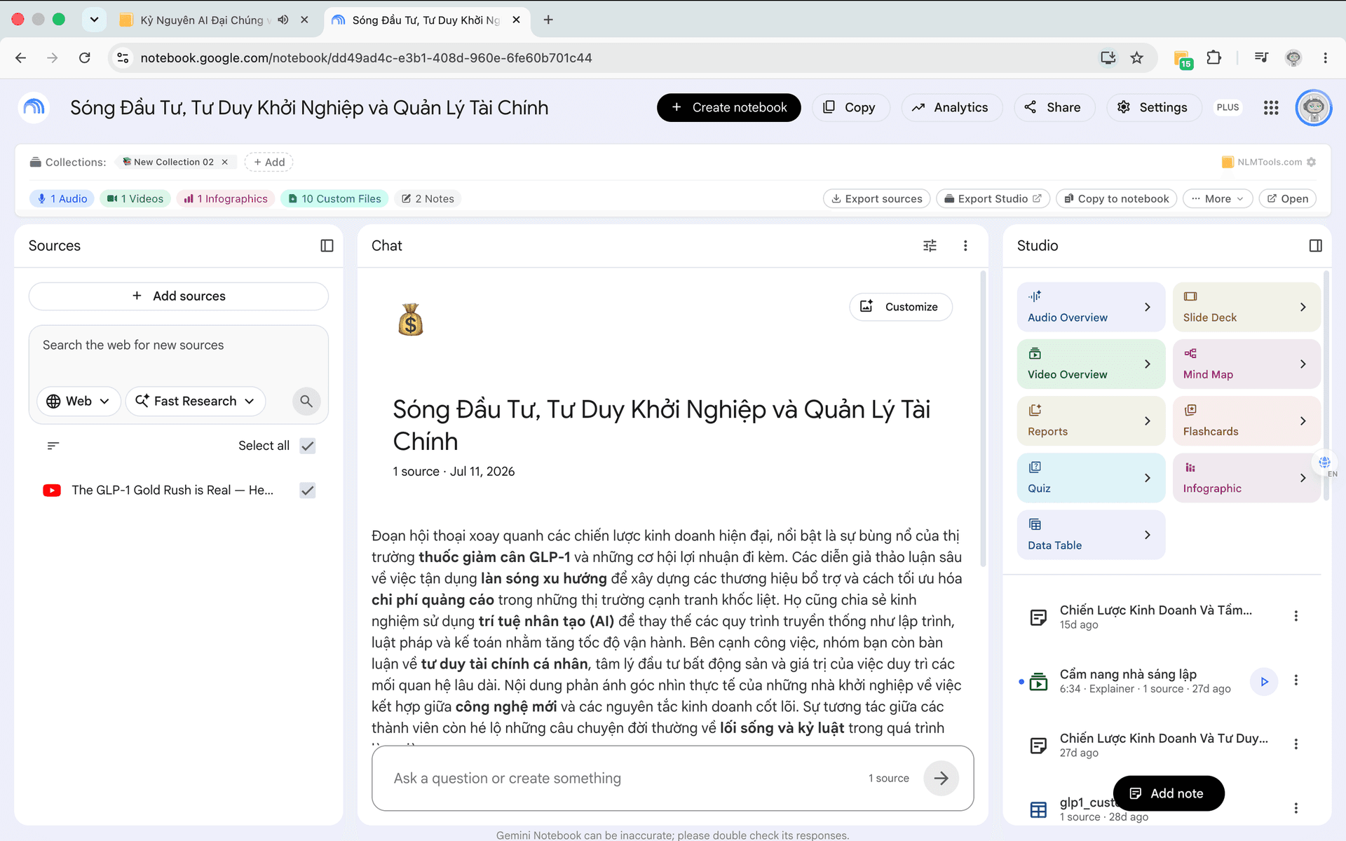 NotebookLM Tools toolbar on a NotebookLM notebook page — Export sources, Export Studio, Copy to notebook, More, and Open