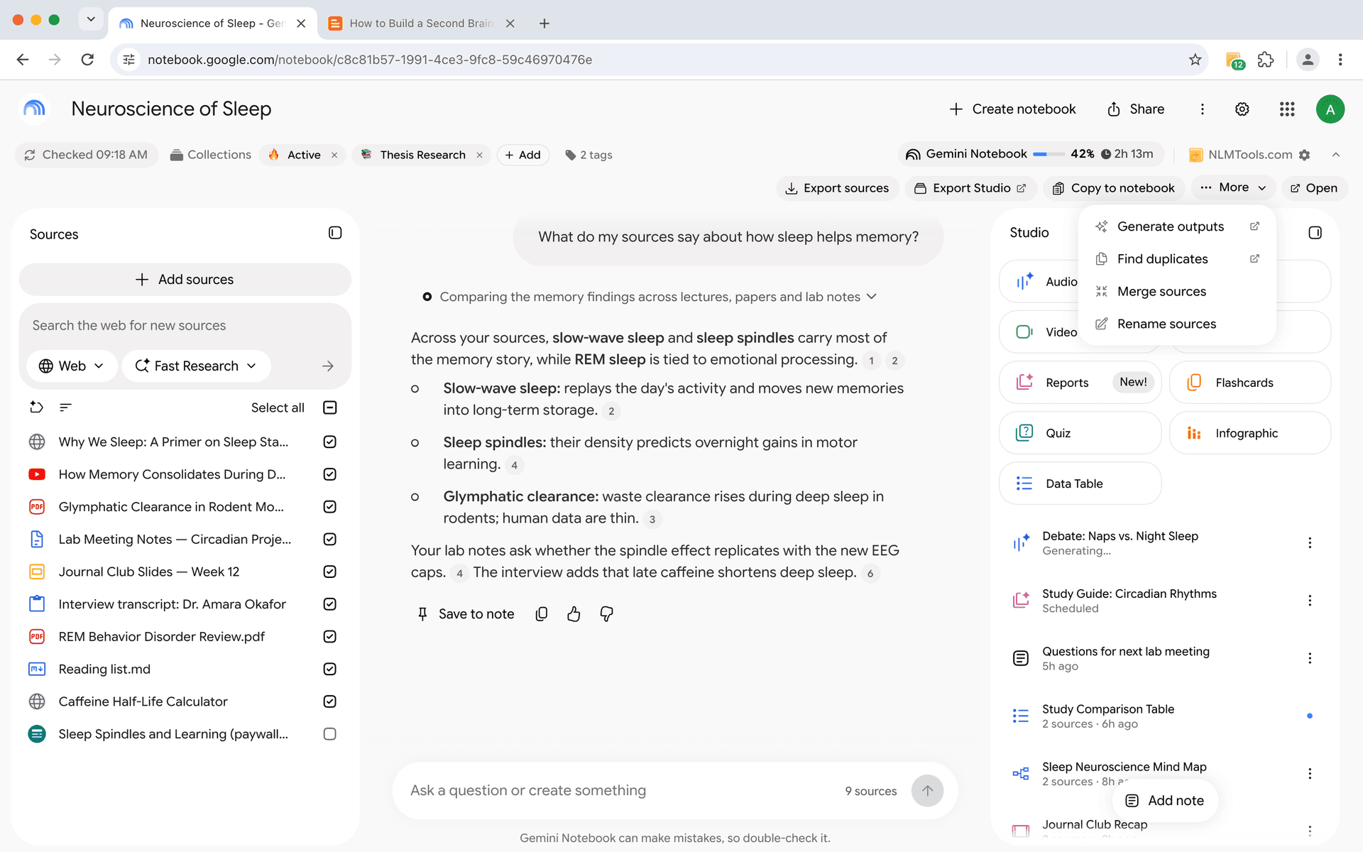 NotebookLM Tools toolbar on a NotebookLM notebook page — Export sources, Export Studio, Copy to notebook, More, and Open