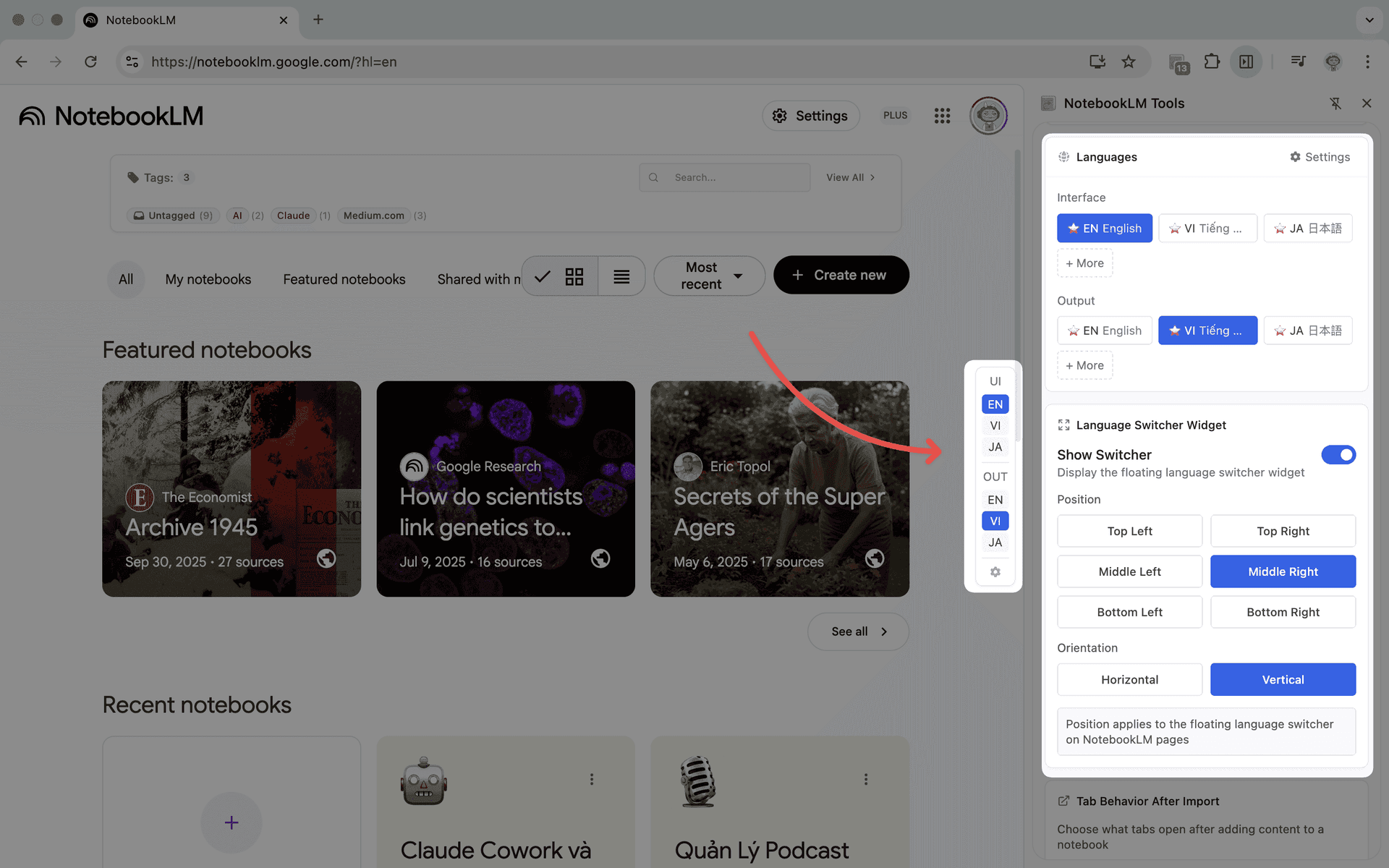 NotebookLM Tools language switcher widget supporting 15+ languages for multilingual AI interactions