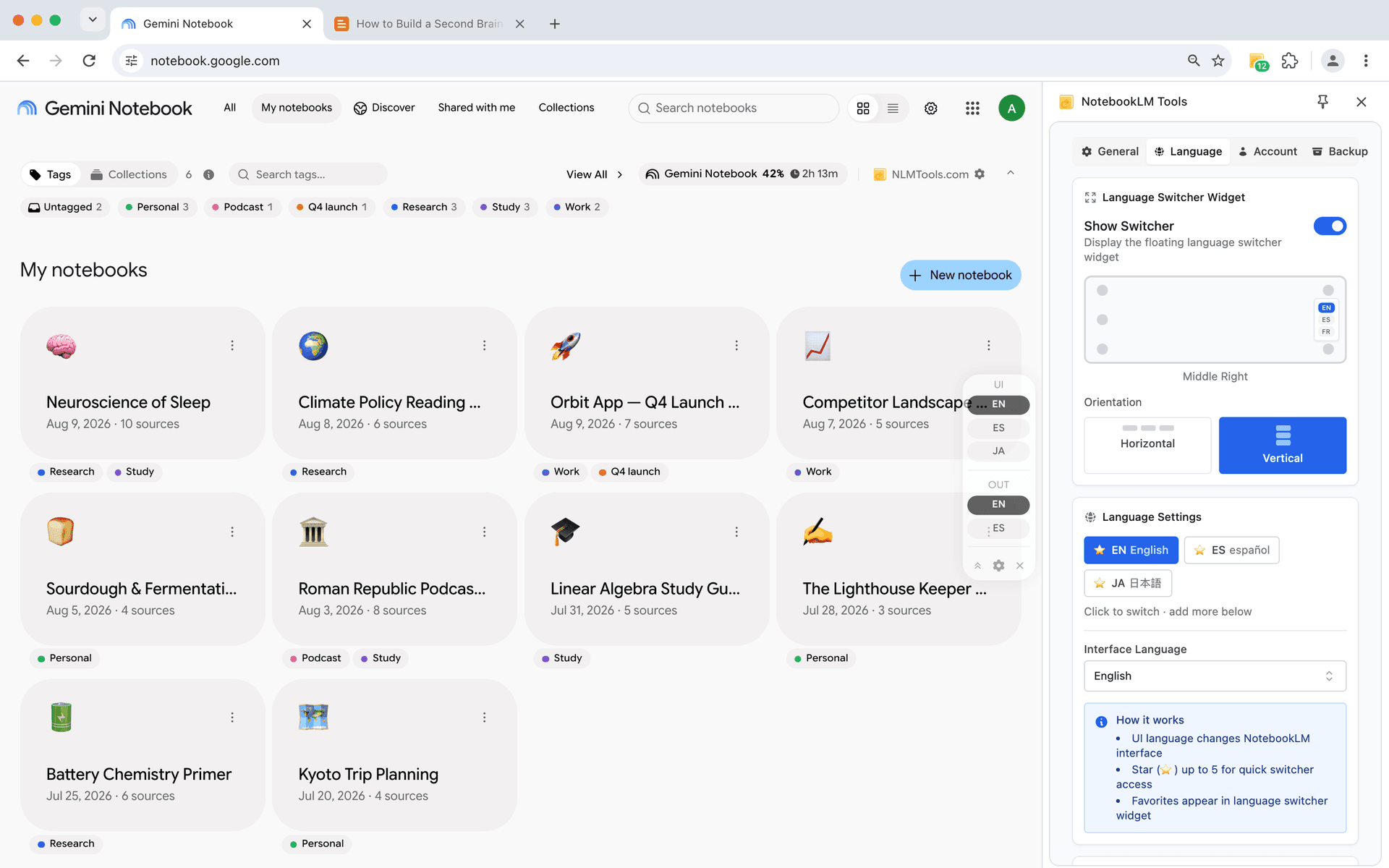 NotebookLM Tools floating language widget with starred UI and output languages on the NotebookLM home page, next to the side panel's Language settings