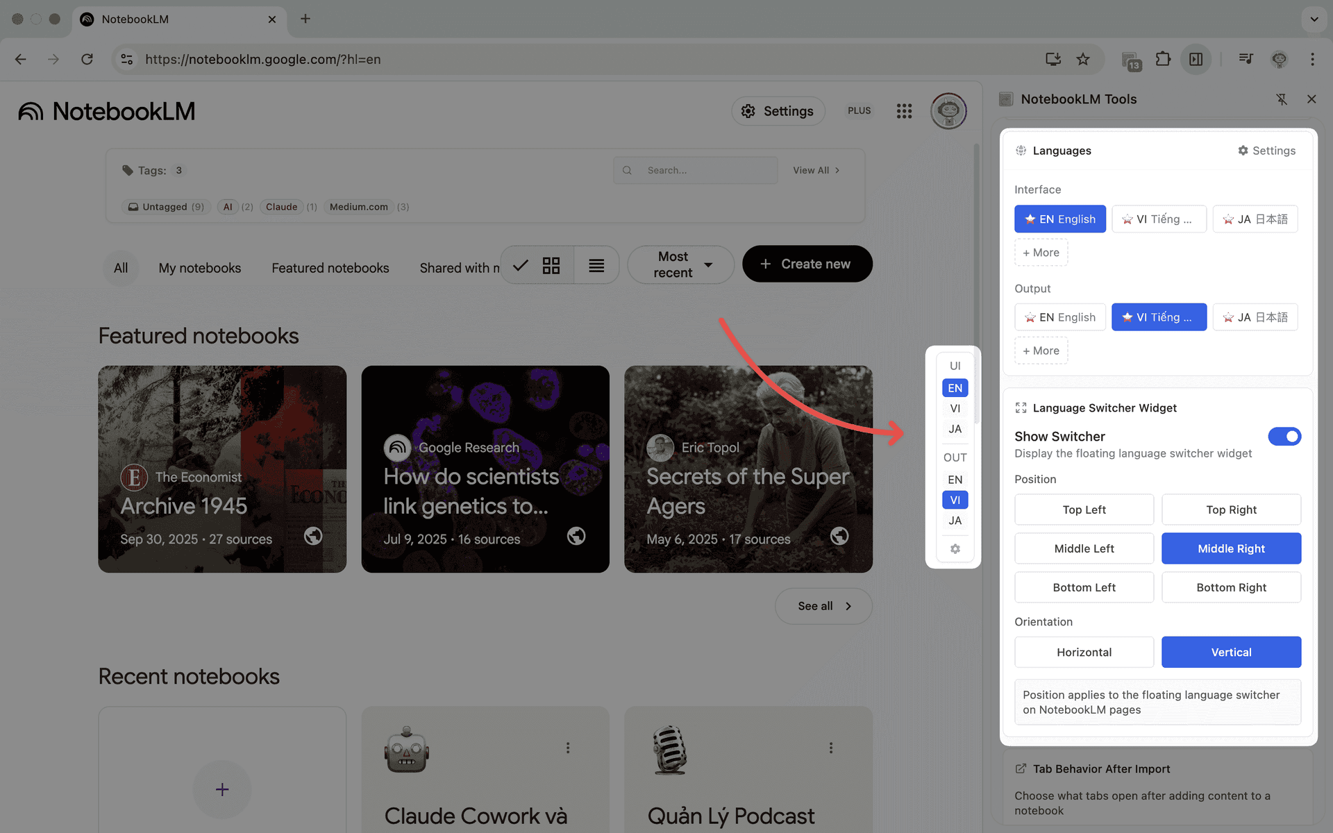 NotebookLM Tools language switcher widget supporting 15+ languages for multilingual AI interactions