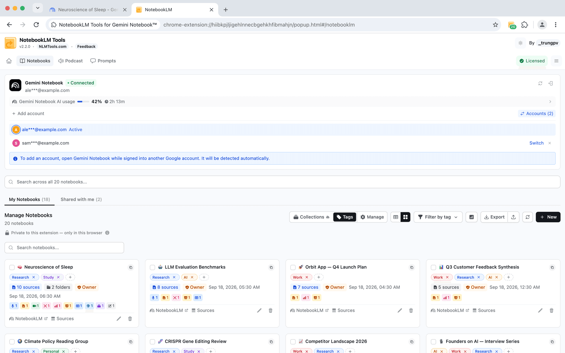 NotebookLM Tools multi-account switcher with color-coded avatars