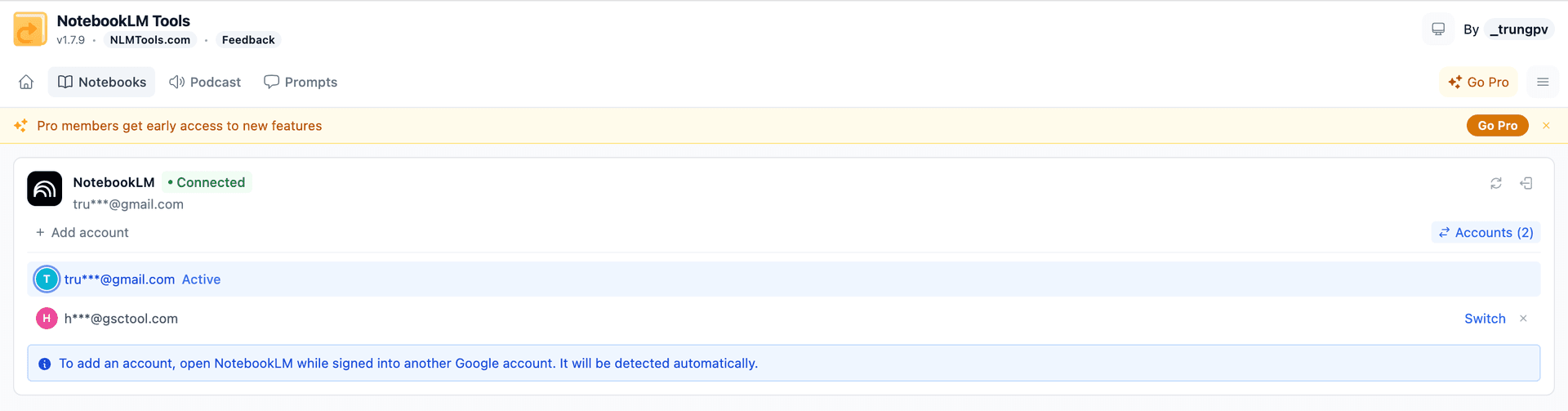 NotebookLM Tools multi-account switcher with color-coded avatars