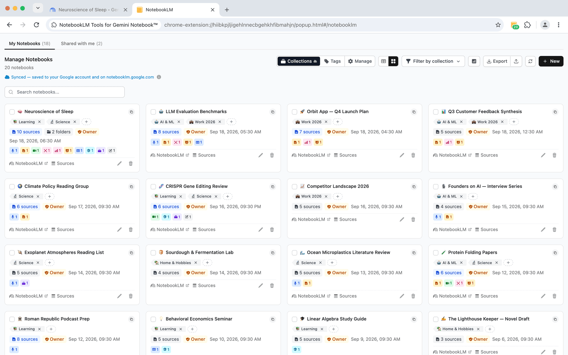 NotebookLM Tools notebook dashboard with grid view, search, and permission badges