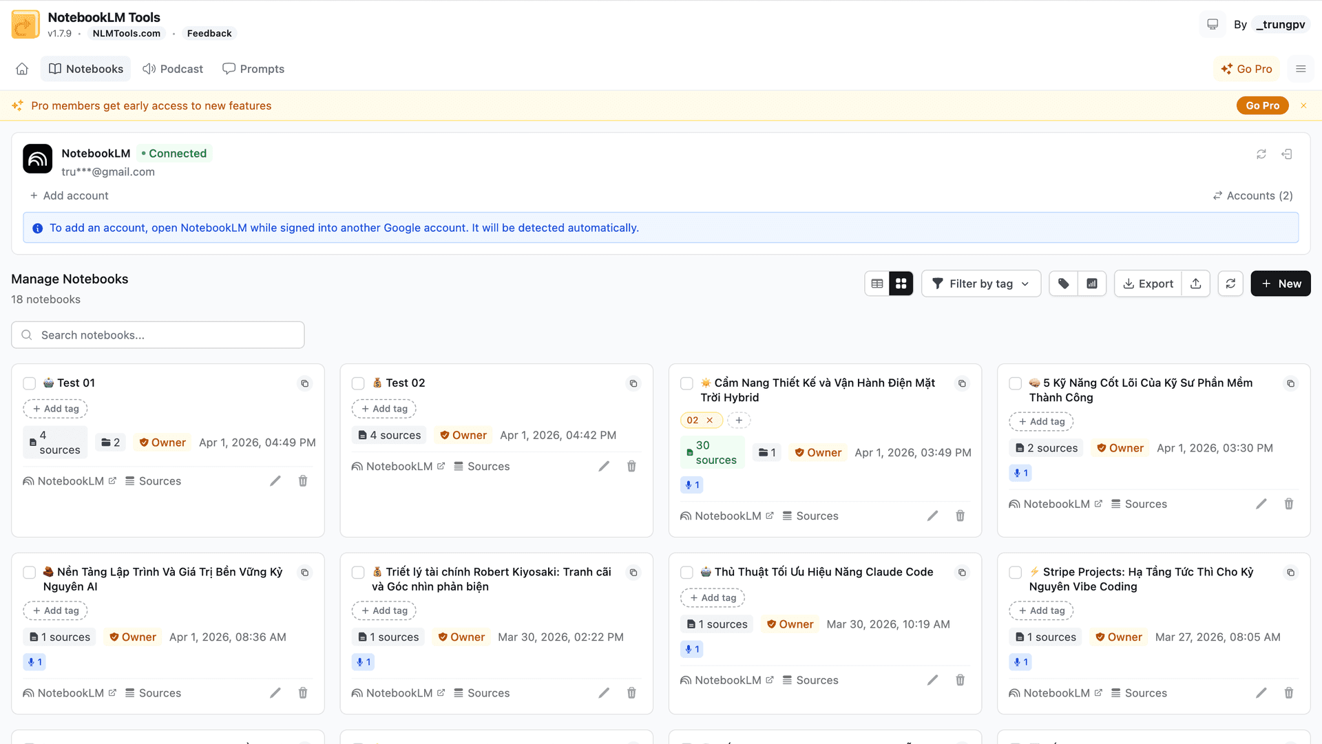 NotebookLM Tools notebook dashboard with grid view, search, and permission badges