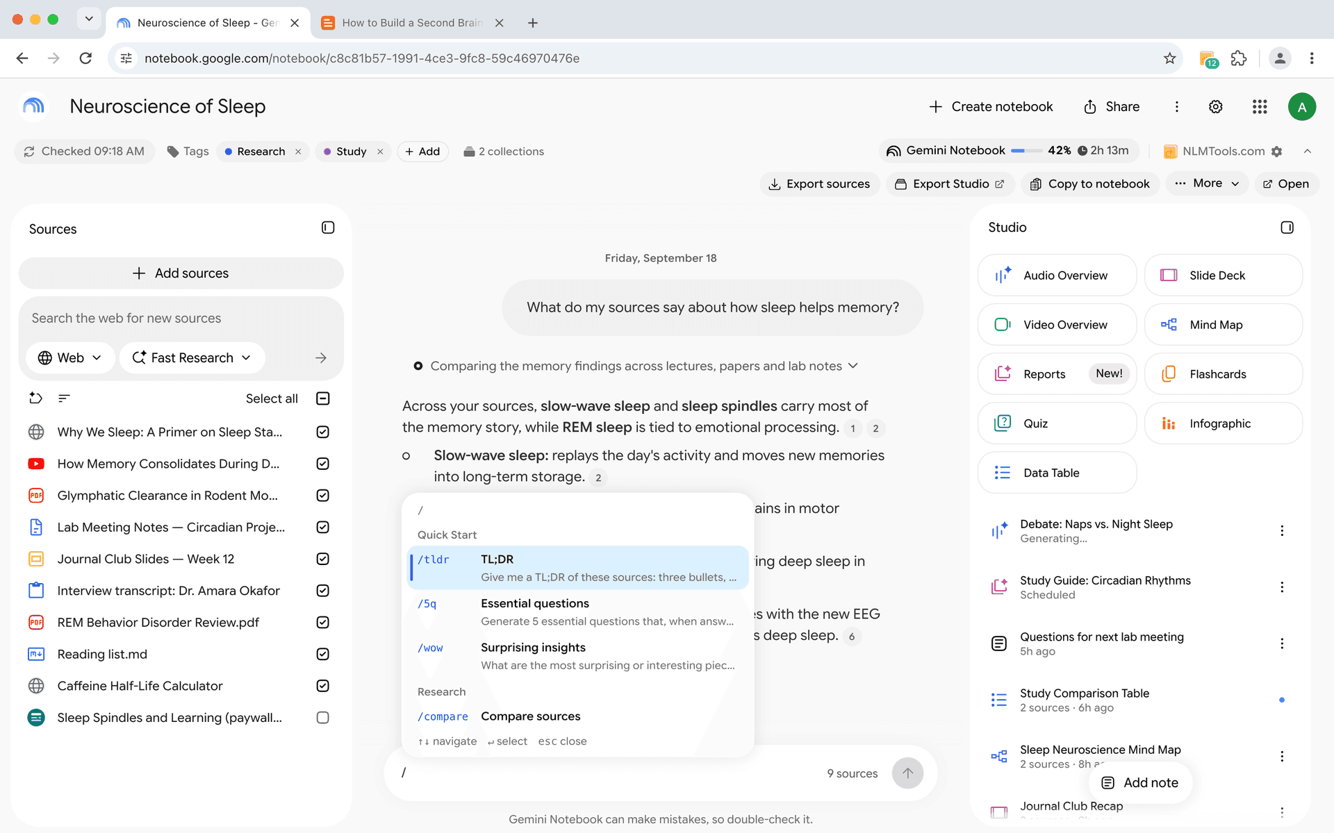 NotebookLM Tools saved prompts with slash commands for instant AI prompt reuse