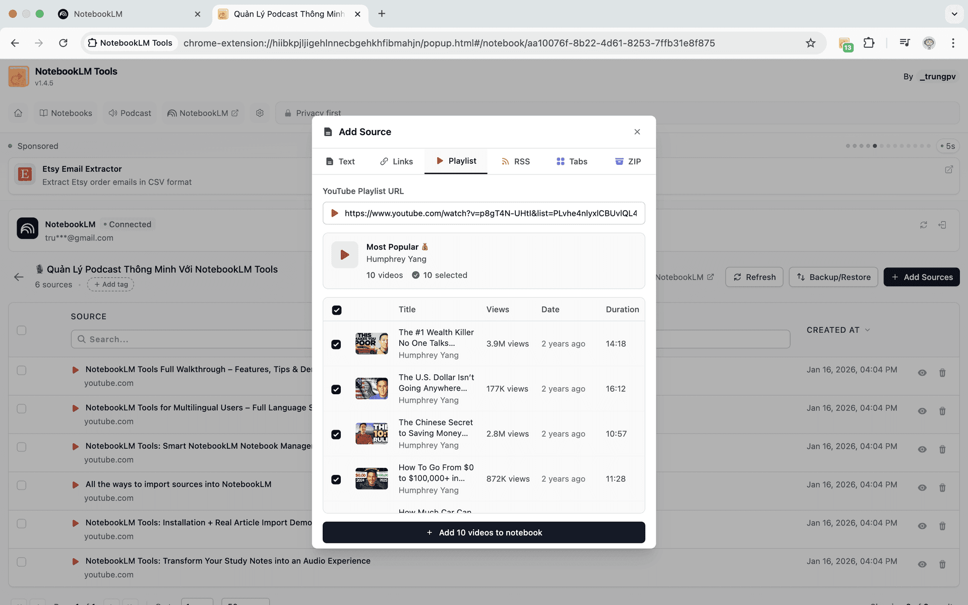 NotebookLM Tools source management interface showing bulk import options for PDFs, URLs, and documents