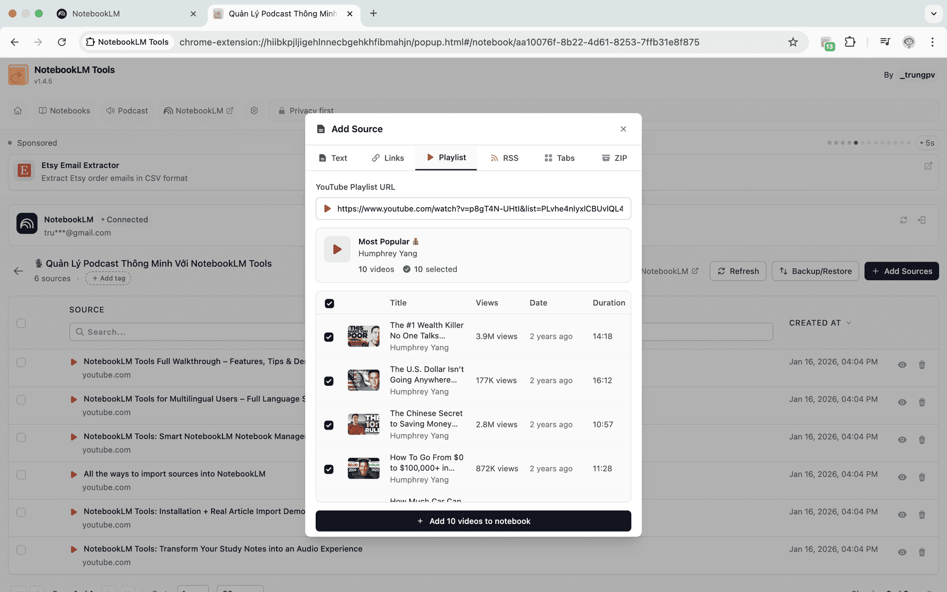 NotebookLM Tools source management interface showing bulk import options for PDFs, URLs, and documents