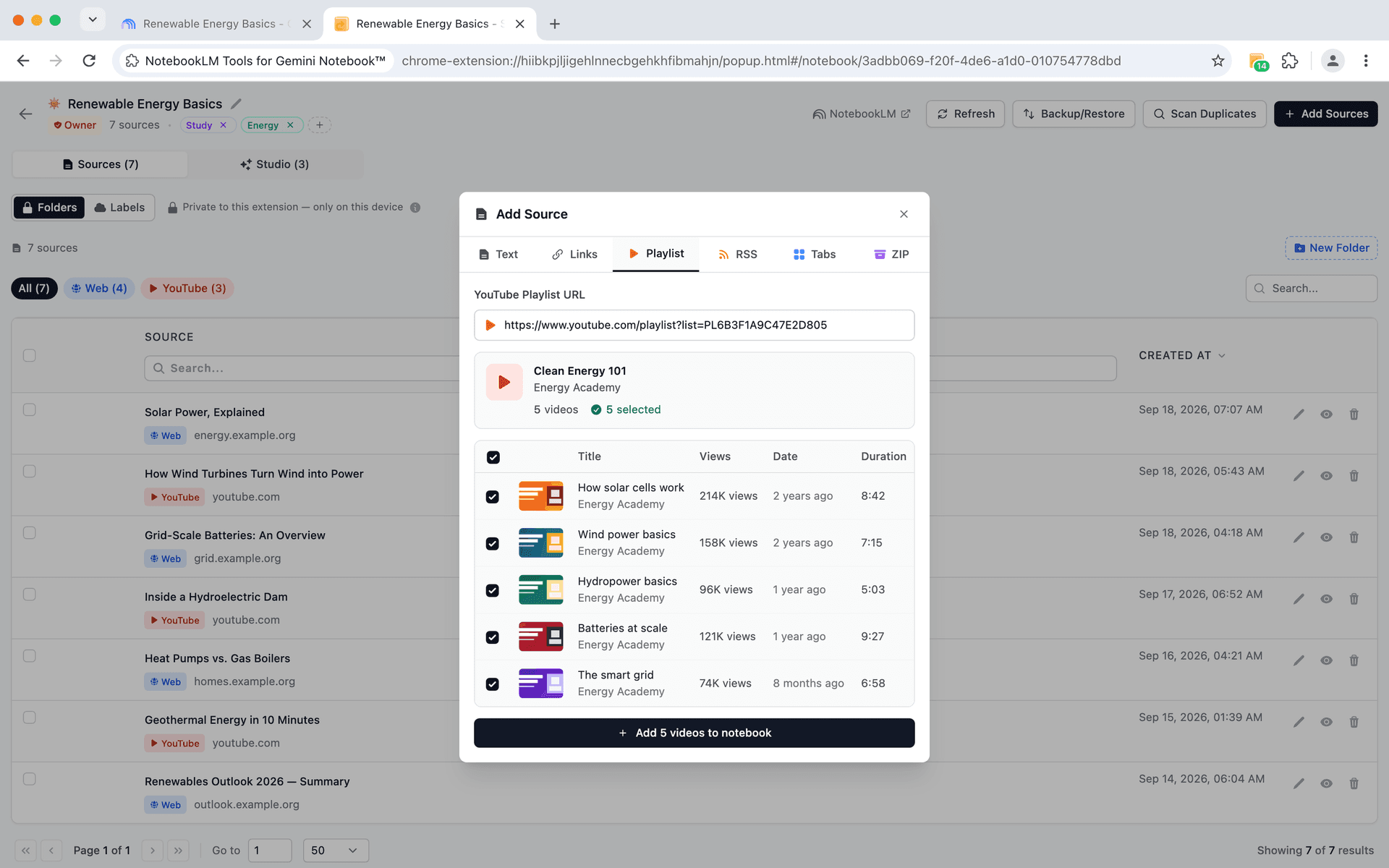 NotebookLM Tools Add Source dialog importing a YouTube playlist, with Text, Links, RSS, Tabs, and ZIP import tabs