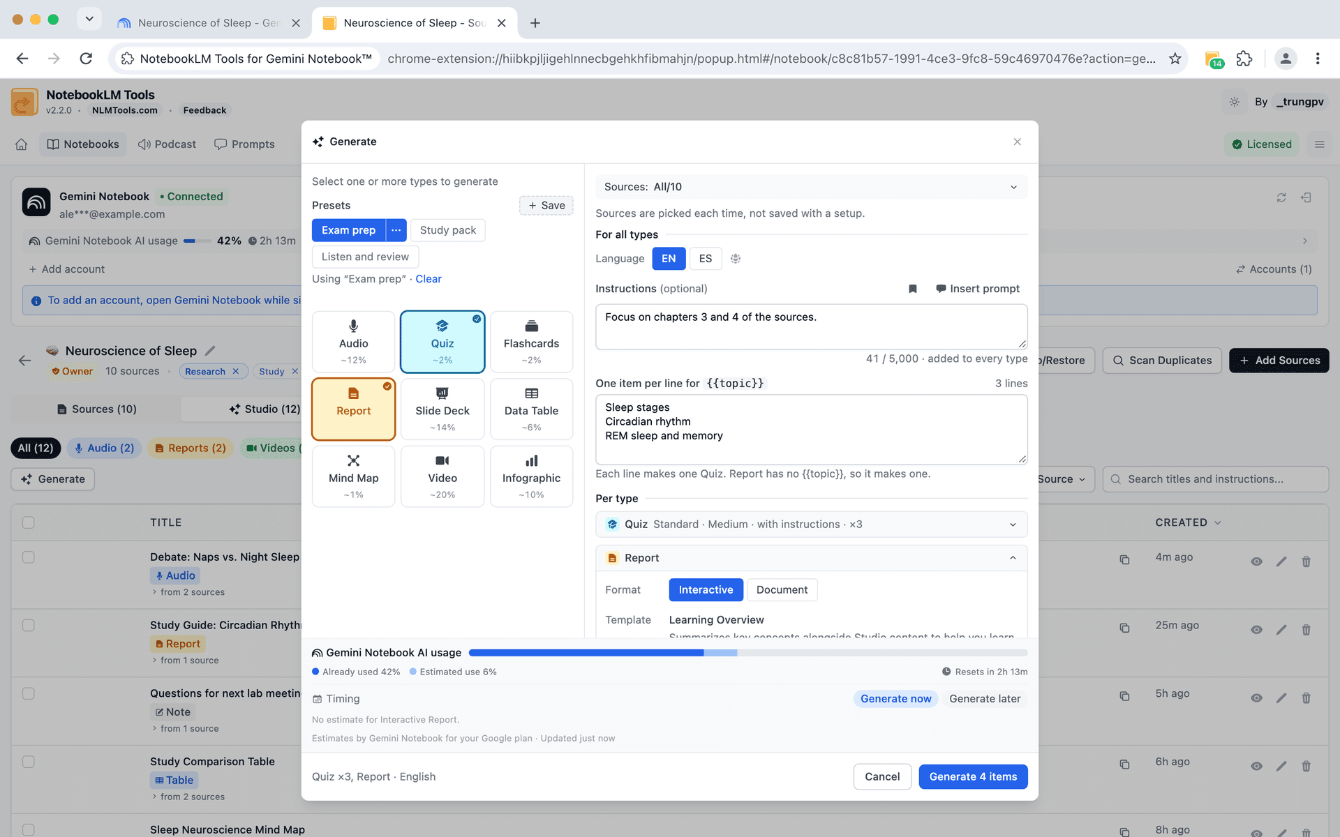NotebookLM Tools Generate panel — presets, saved prompts via Insert prompt, instructions for all types, one item per line with {{topic}}, and a Report with the Interactive or Document format