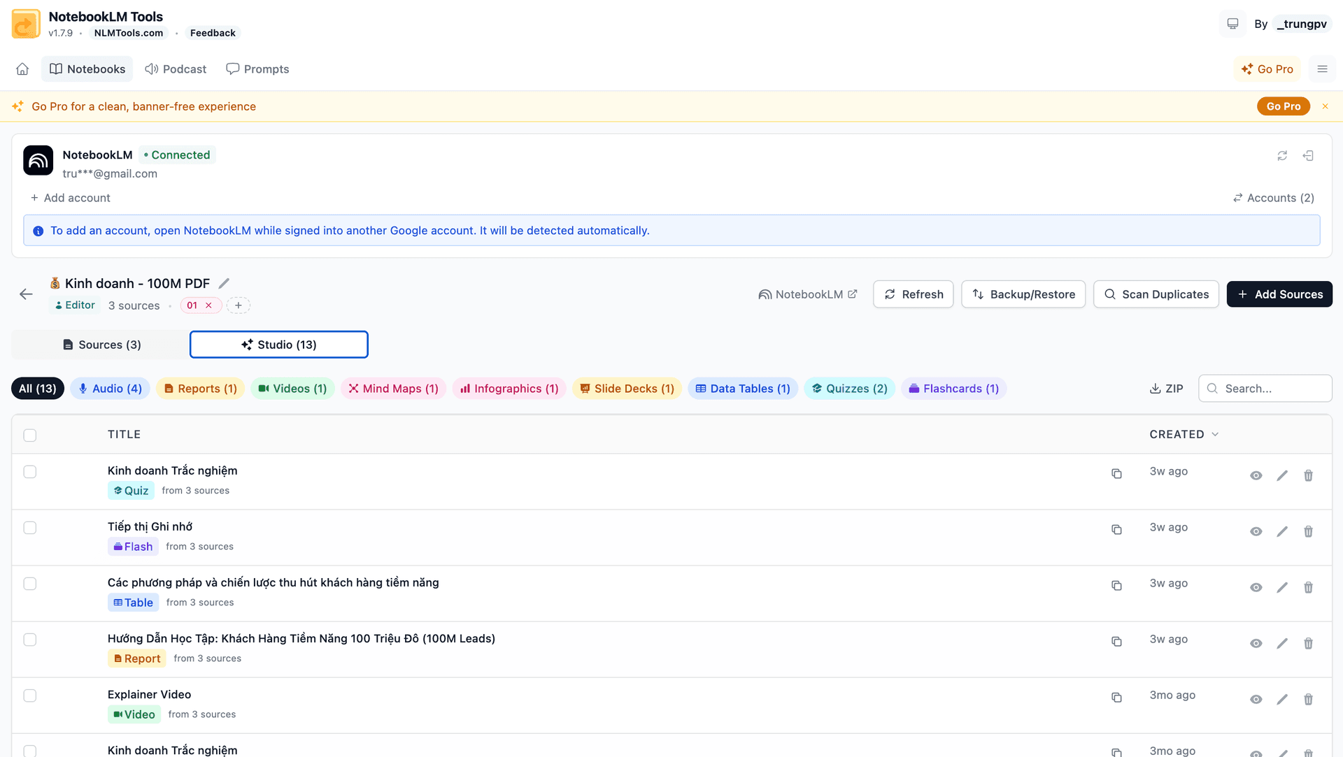 NotebookLM Tools studio items viewer showing flashcards, quizzes, mind maps, and slide decks inline
