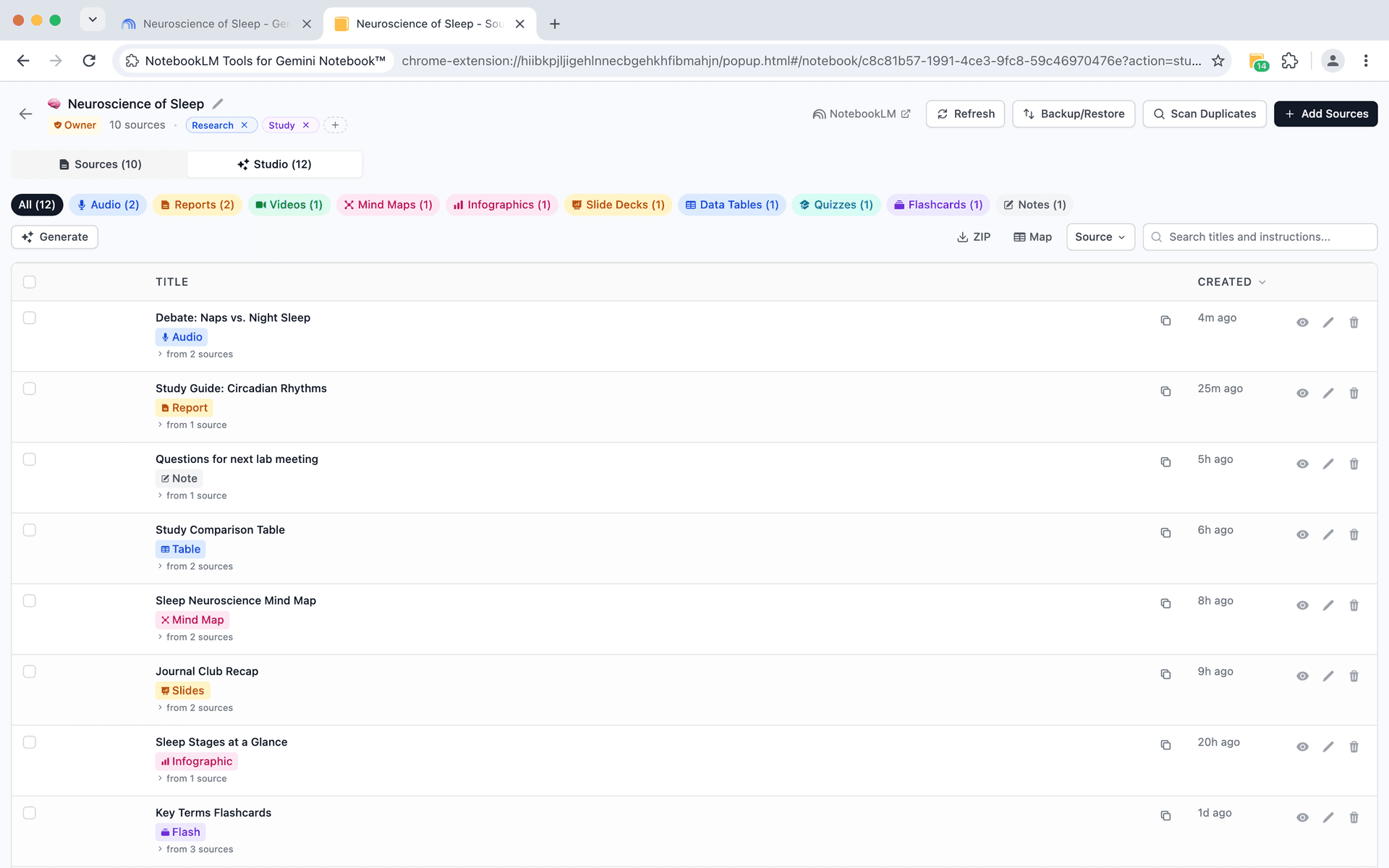 NotebookLM Tools studio items viewer showing flashcards, quizzes, mind maps, and slide decks inline