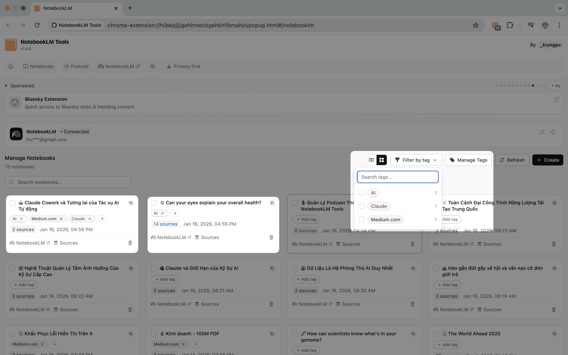 NotebookLM Tools tagging system with custom tags and color-coded notebook organization