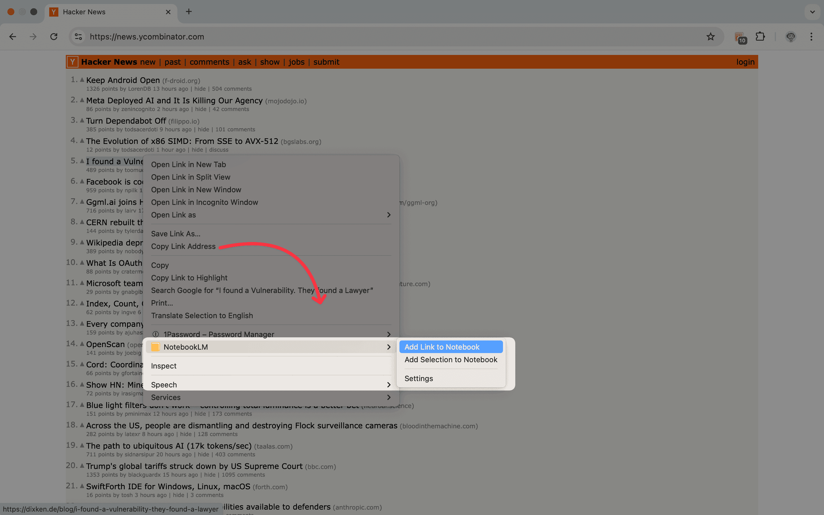 Menu contestuale del clic destro con l'azione Aggiungi a NotebookLM per la scheda corrente